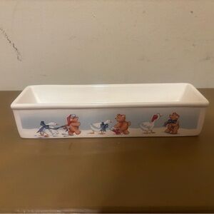 House of Joy 1988-White Ceramic Rectangular Dish with Bear and Goose Motif